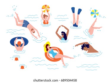 Gente nadando y descansando en el mar. Ilustración vectorial de verano con nadadores.