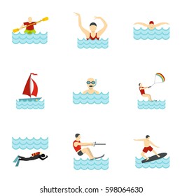 People swimming, sailing, jumping to water icons set. Flat illustration of 9 people swimming, sailing, jumping to water vector icons for web