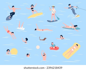 People swimming in sea or ocean, surfing and rest on mattress in water. Play with ball and riding sup board in ocean, happy beach time recent vector scene