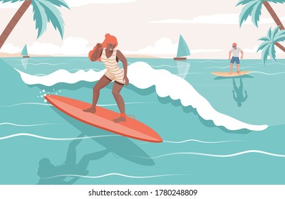 People in swimming suits doing summer activities in the sea. Happy woman and man surfing on boards vector flat illustration. Sea beach resort, summer active vacation, perfect holiday concept.