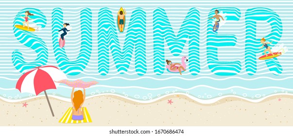 People in swimming suits are surfing and sunbathing. Happy holidays in summer.