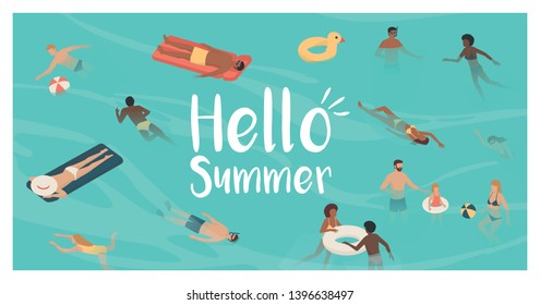 People swimming together at the seaside and having fun, summer vacations concept
