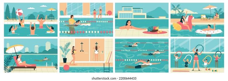 People swimming training relaxing in pool flat set isolated vector illustration