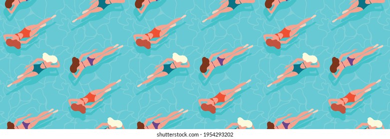 People swimming in water, swimming pool, sea, ocean summer vacation background, seamless pattern, print design