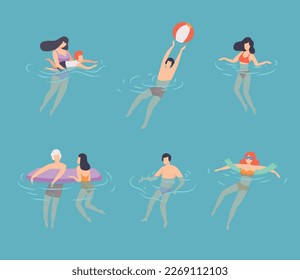 People swimming in water set. Men, women and kids swimming in pool, sea at vacation flat vector