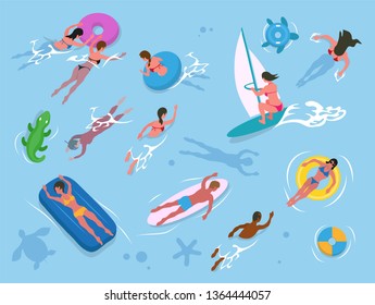 People swimming in water, wearing swimwear. Female and male lying on mattress or rubber circle, surfboarding and windsurfing activity in sea vector