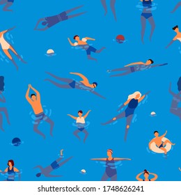 People swims in swimming pool performing water activities seamless pattern. Active man, woman and children wearing swimsuit rest at sea vector flat illustration. Relaxed person enjoying recreation