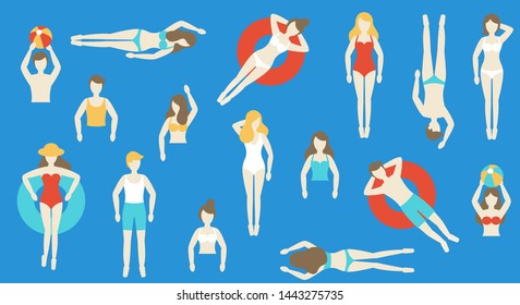 People in swimsuit with different post, vector illustration