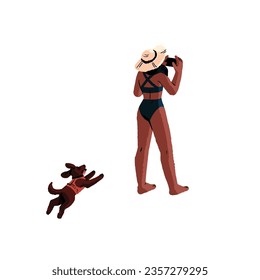 People in swimsuit on resort. Woman in bikini standing, take photo. Person rest on beach with dog. Girl in straw hat sunbathing, back view. Summer vacation. Flat isolated vector illustration on white