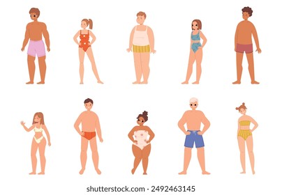 Personas en traje de baño. Varios tipos de cuerpo niños y niñas en ropa de playa. Personajes positivos de la caricatura, sociedad de la diversidad. Personajes de Vector cómodos y divertidos