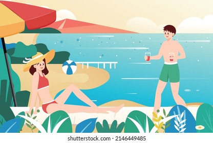 People in swimsuits sunbathing on the beach in summer, vector illustration