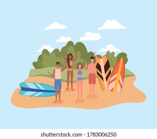 people with swimsuits and surfboards at beach design, Summer vacation tropical and relaxation theme Vector illustration