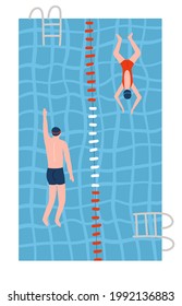 La gente en traje de baño nadando en las piscinas. Ilustración vectorial plana en la parte superior de la piscina. Hombres y mujeres atletas van a los deportes.