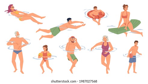 People in swimsuits swimming in pool, river, sea ocean waters isolated flat cartoon characters set. Vector swimmers, summer sport activities, hobby recreation. Man woman, kids and senior in swimwear