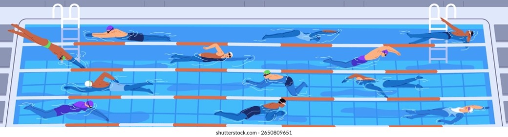 People in swimsuits are swimming in public pool. Men and women in goggles, caps do sports in water. Athletes are floating, diving, racing in lanes in different styles. Flat vector illustration