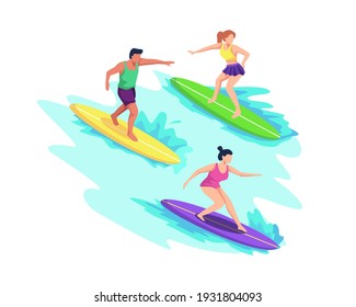 People in swimwear surfing in sea or ocean, Riding waves, Swim with surfboards. Summer sports and leisure outdoor activities at beach. Vector in a flat style