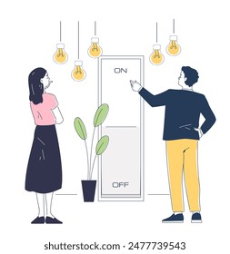 People with switch light. Man and woman turn off light bulbs and lamps indoors. Friends saving of electricity in home or office. Linear vector illustration isolated on white background