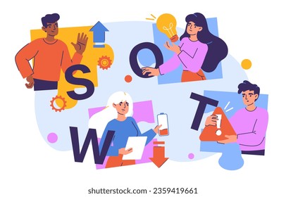 People with SWOT concept. Strategy and planning. Organization of effective workflow. Women with dea and men with opportunities. Collaboration and teamwork. Cartoon flat vector illustration