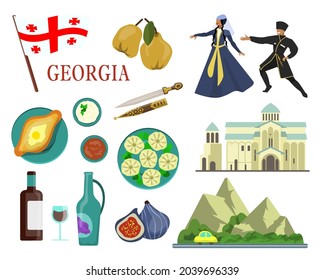 People and symbols of Georgia vector illustrations set. Ornament with Georgian dagger, national cuisine, dancers in traditional costumes isolated on white background. Traveling, culture concept