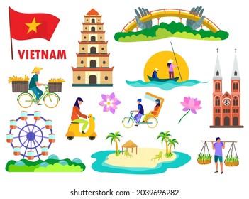 People and symbols of Vietnam vector illustrations set. ASEAN country, Golden Bridge in Da Nang city, Vietnamese pagoda, outdoor activities isolated on white background. Traveling, culture concept