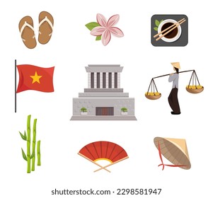 Personas y símbolos de las ilustraciones vectoriales de Vietnam. País asiático, taza de salsa y palillos, ventilador, bambú, sombrero de paja cónica, chancletas vietnamitas, bandera de Vietnam