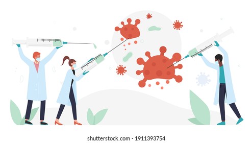 People with syringes fight coronavirus, vaccination concept vector illustration. Cartoon doctor team characters holding big medical vaccine syringes, fighting corona virus cells isolated on white