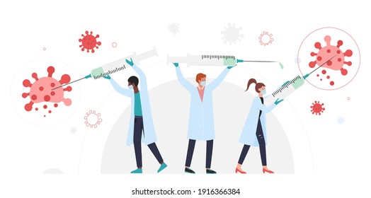 People with syringes fight coronavirus, vaccination concept vector illustration. Cartoon doctor team characters holding big medical vaccine syringes, fighting corona virus cells isolated on white