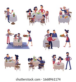 People at table flat cartoon illustrations kit. Men and women having dinner, eating together. Family supper, friends meeting. Ready to use 2d comic character set templates for commercial, animation