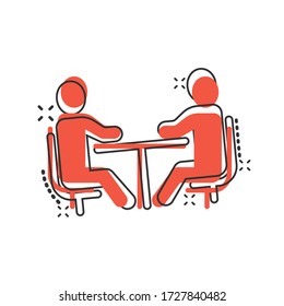 People with table icon in comic style. Teamwork conference cartoon vector illustration on white isolated background. Speaker dialog splash effect business concept.