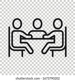 People with table icon in flat style. Teamwork conference vector illustration on white isolated background. Speaker dialog business concept.