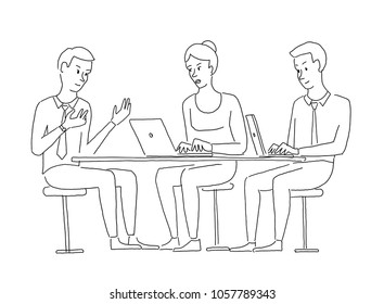 People at the table interviewing. Recruitment work commission. Explanation of the project. Business situation. Hand drawn vector illustration.