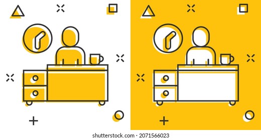 People with table lamp and clock icon in comic style. Coworking space cartoon vector illustration on white isolated background. Freelancer workplace splash effect business concept.