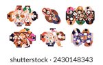 People at table, sitting and eating together, top view. Families, friends gathering, meeting for dinner, meal, food at home, restaurants set. Flat vector illustrations isolated on white background