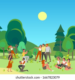 People tacking picture or making selfie together in public park. Summer time with friends. Characters taking photo of themselves outside.