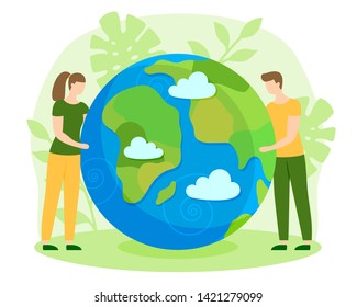 People take care about green planet. Man and woman hold, caring, love, protect, hugging the globe. Happy Earth Day banner. Nature And Ecology modern graphic design poster. Creative vector illustration