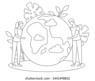 People take care about green planet. Man and woman hold, caring, love, protect, hugging the globe. Happy Earth Day banner. Thin line style. Contour symbol. Linear poster. Nature Ecology outline vector