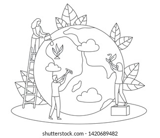 People take care about planet, cleaning, green planting and watering. Protect Nature Ecology banner. Concept thin line style. Contour symbol. Linear poster. Happy Earth Day outline vector illustration