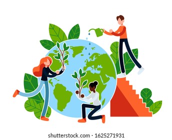 People take care about planet ecology. Green planting and watering. Protect Nature And Ecology banner.  People colorful creative illustration Happy Earth Day modern  graphic design poster. 