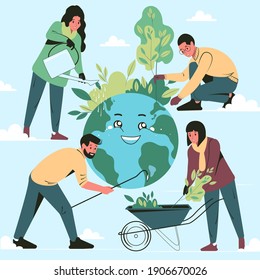 People take care about planet Earth. Ecology concept, save energy and Environmental protection. Flat vector illustration.