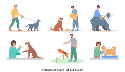 People take care of dogs. Men and women walking with dog, training, feeding, combing, washing and vaccinate dog. Dog lover, owner or volunteer characters. Vector flat illustration set.