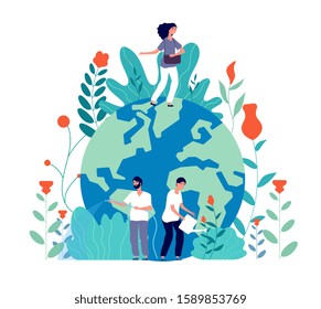 People take care earth. Volunteers cleaning green planet, planting and watering flowers, globe ecological idea, poster vector concept