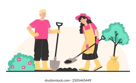 People take care of the garden, man and woman digs the ground with a shovel and plant a young tree