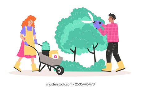 People take care of the garden, man trims bushes in the garden with garden shears and woman is carrying a cart with potted plants and fertilizer