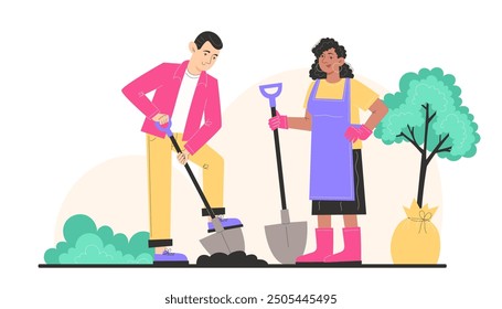 People take care of the garden, man and woman digs the ground with a shovel and plant a young tree