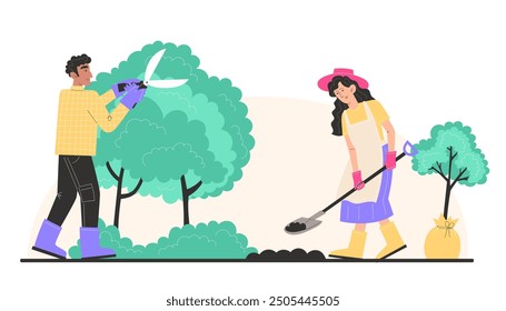 People take care of the garden, man trims bushes in the garden with garden shears and woman digs the ground with a shovel