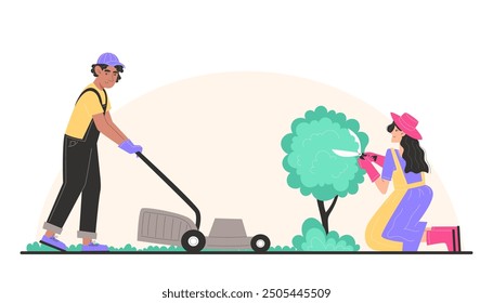 People take care of the garden, man mows the lawn with a lawnmower and woman trims bushes in the garden with garden shears