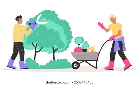 People take care of the garden, men trim bushes in the garden with garden shears and carry a cart with potted plants and fertilizer