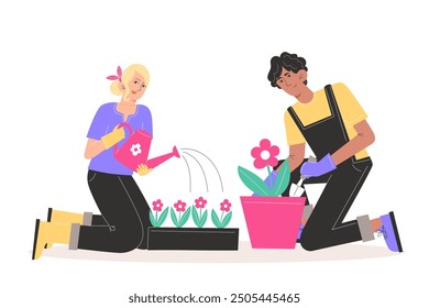 People take care of the garden, planting and watering flowers
