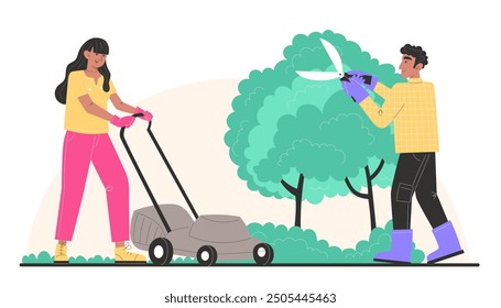 People take care of the garden, woman mows the lawn with a lawnmower and man trims bushes in the garden with garden shears