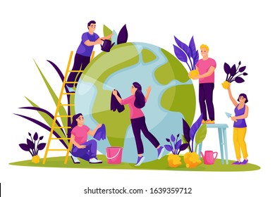 People take care of green Earth planet. Vector flat cartoon illustration for Save the Earth Day. Environment, ecology, nature protection abstract concept. Eco-friendly lifestyle.